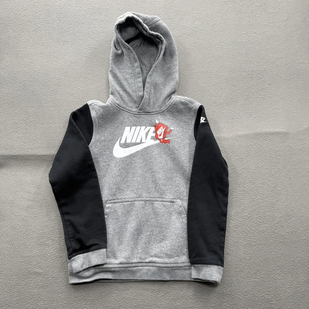 Nike Hoodie Youth Medium Gray Fleece Cartoon Graphic Pullover Kangaroo Pocket